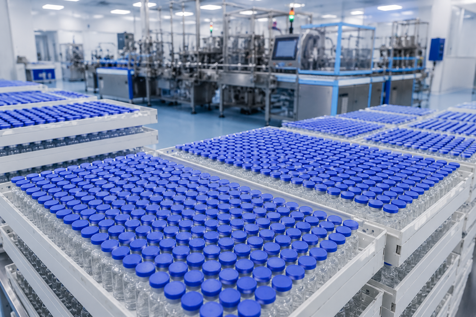 Trays of finished peptide vials ready for global shipment at Peptivara's Hong Kong facility